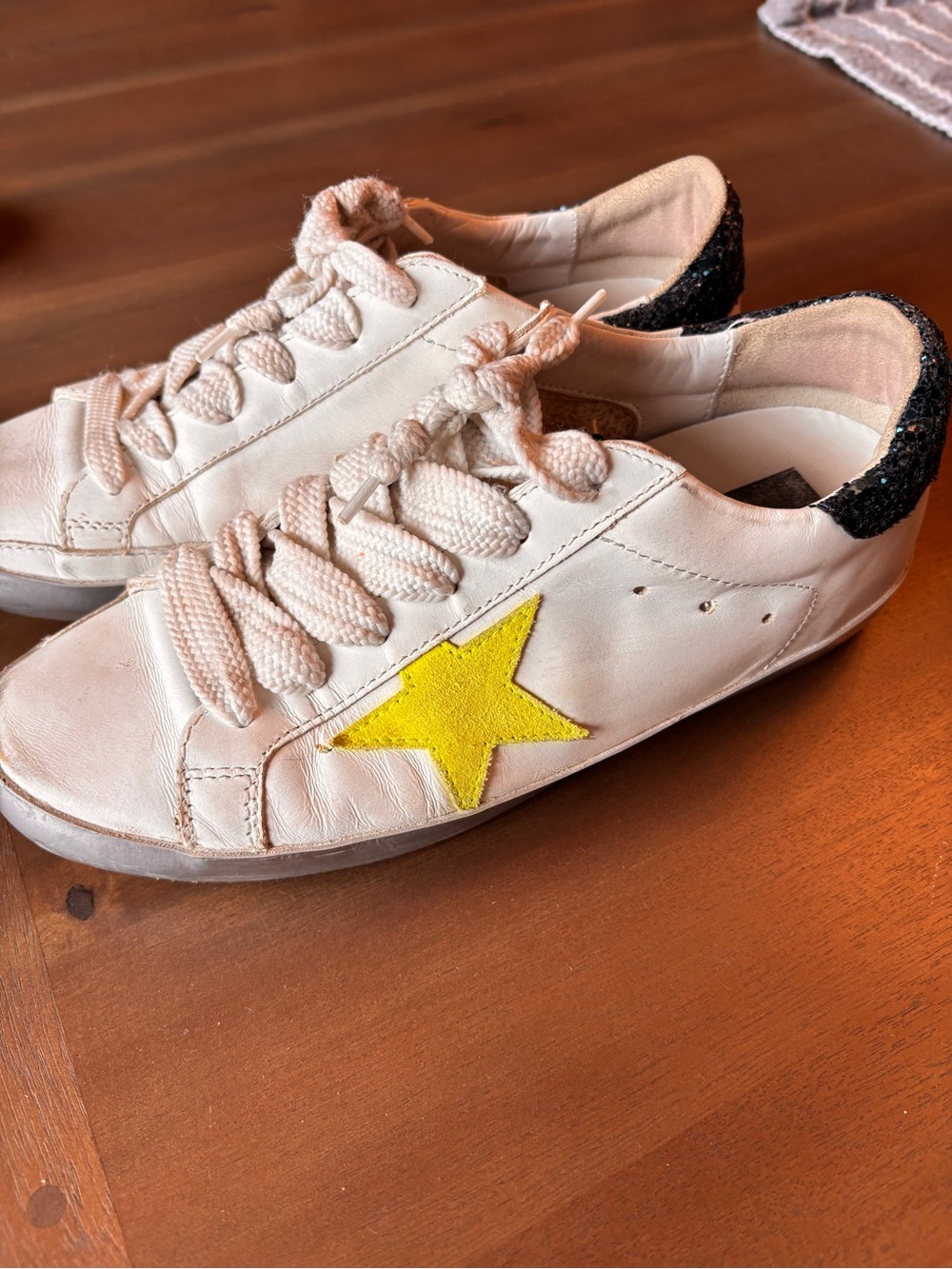 Golden Goose White Sneakers with Navy Glitter Heel and neon star